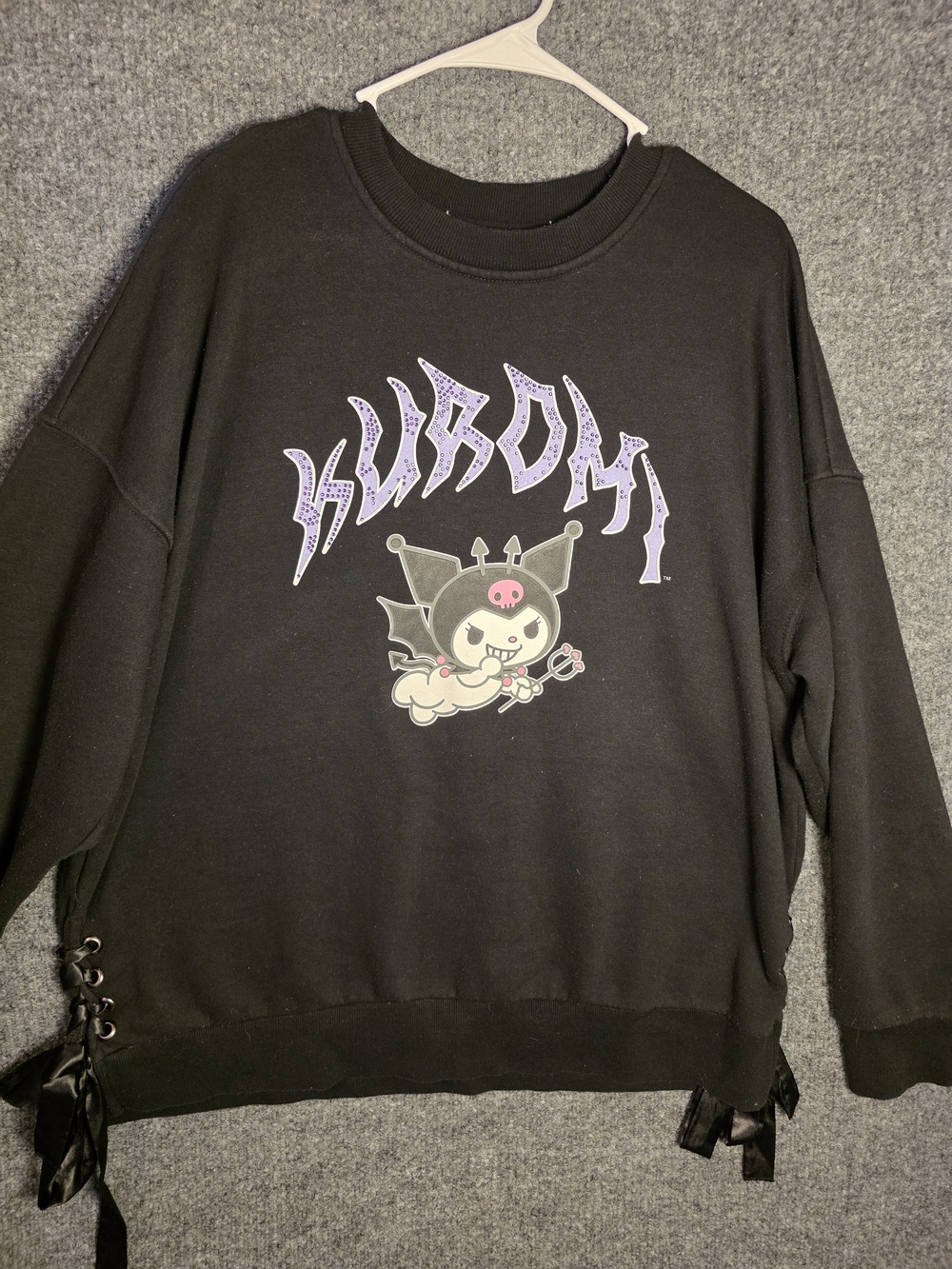 Sanrio Kuromi Black Sweatshirt Rhinestone Graphic Satin Lace Up Sides Womens